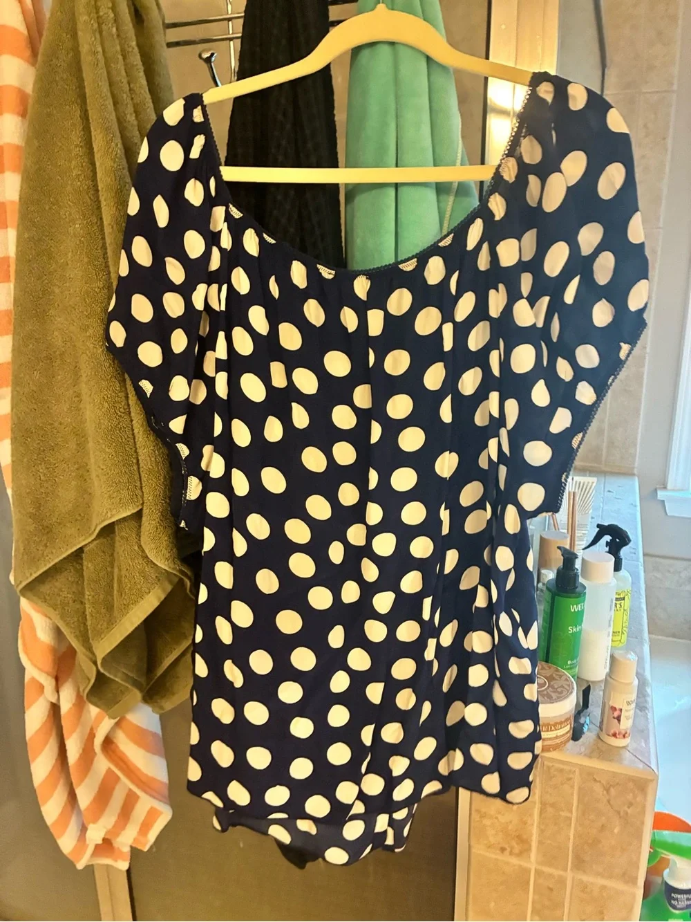 J. Crew Navy and White Polka Dot Short Sleeve Blouse